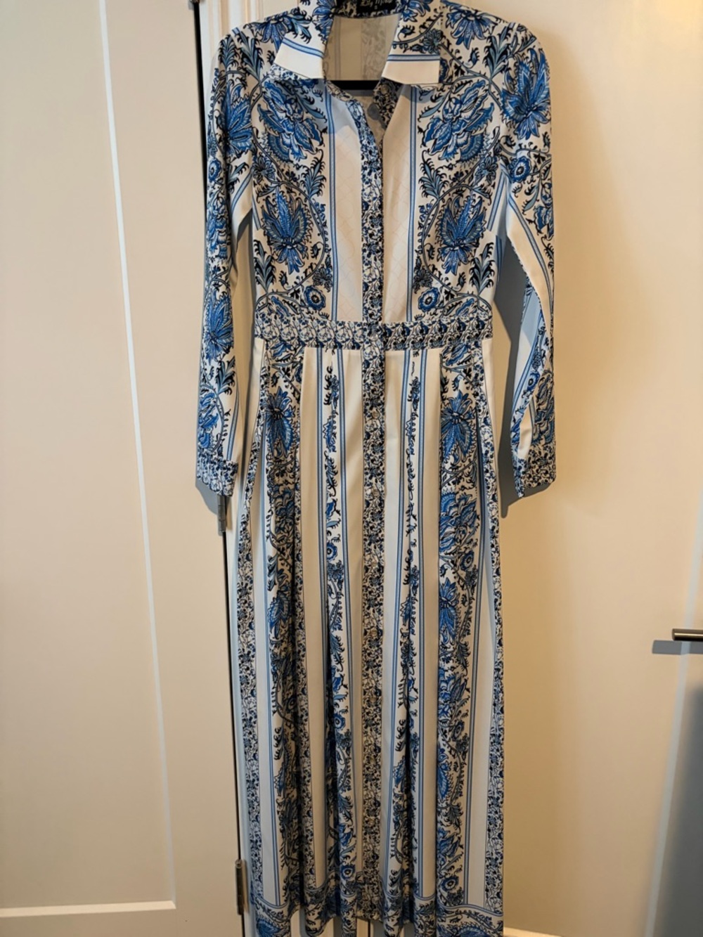 Lily Mcbee Blue and White Printed Long-Sleeve Maxi Dress